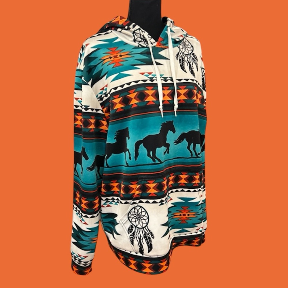 🤠 TRENDY! AZTEC PULLOVER HOODIE! COOL SOUTHWESTERN STYLE! VIBRANT COLORS!